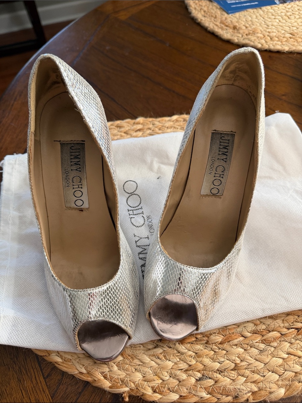 Jimmy Choo snakeskin peek toe heels with dust cover size 38